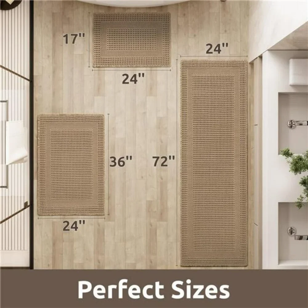 Beige Waffle Bath Mat 17x24 Soft Absorbent Non Slip Washable Boho Bathroom Rug